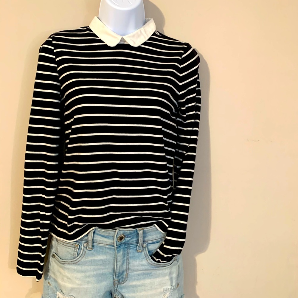 F21 striped long sleeve round collar shirt with back zipper
